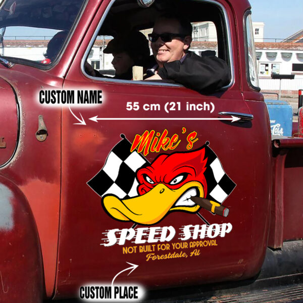 Angry Hot Rod Duck Speed Shop Door Art Vinyl Decals Set 2 Pcs