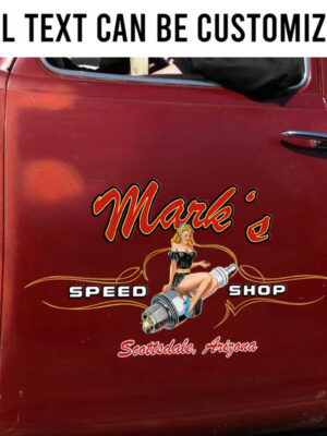 Hot Rod Pinstripe Decals Personalized Pinup Girl Candle Spark Plugs Speed Shop Garage Sticker